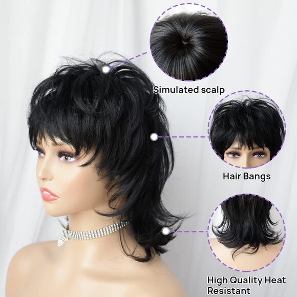 Short Black Mullet Wig Pixie Shaggy Layered Wolf Cut Curly Wig Cosplay Costume - Picture 9 of 9